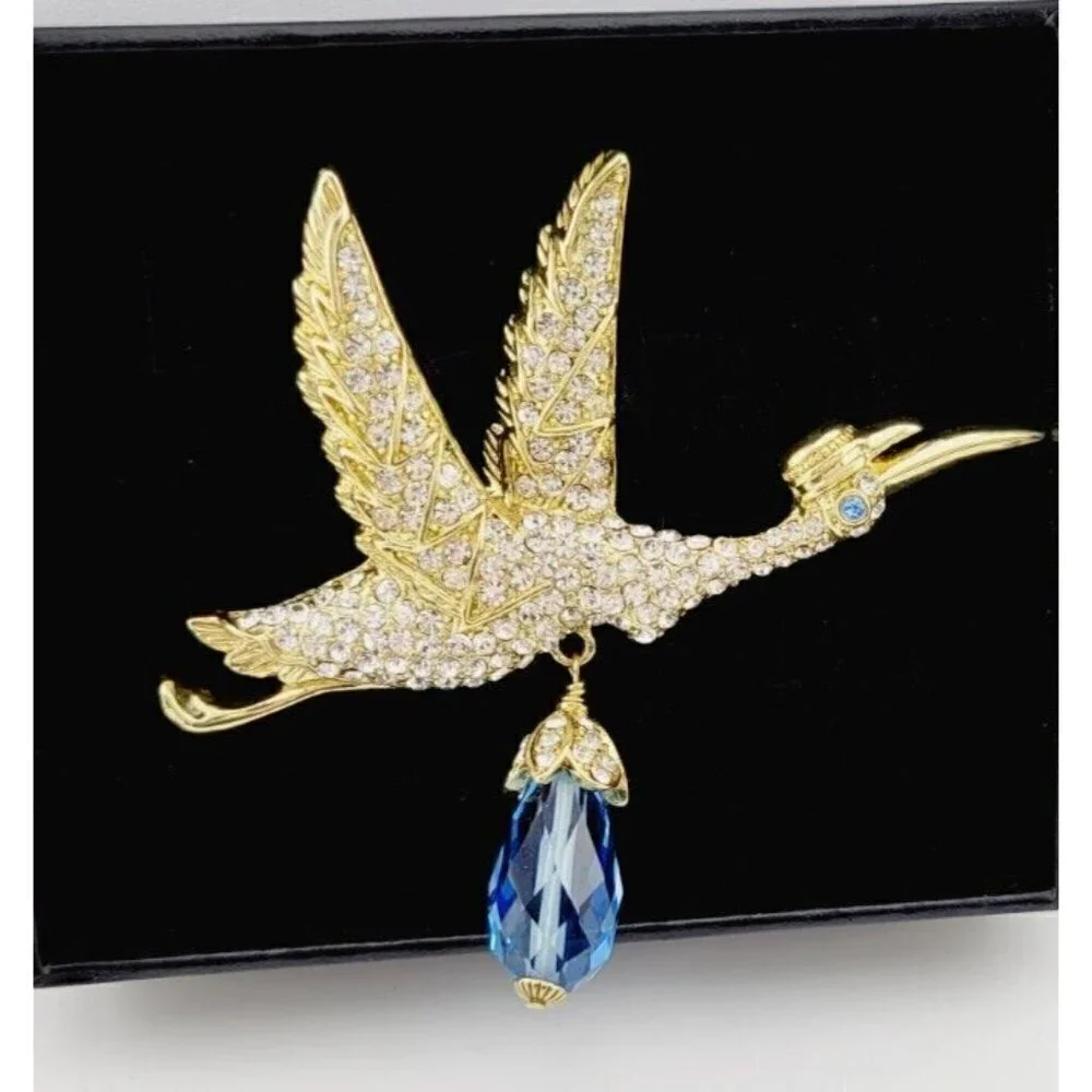 Heidi Daus Special Delivery Crystal Stork Brooch Gold Tone Blue